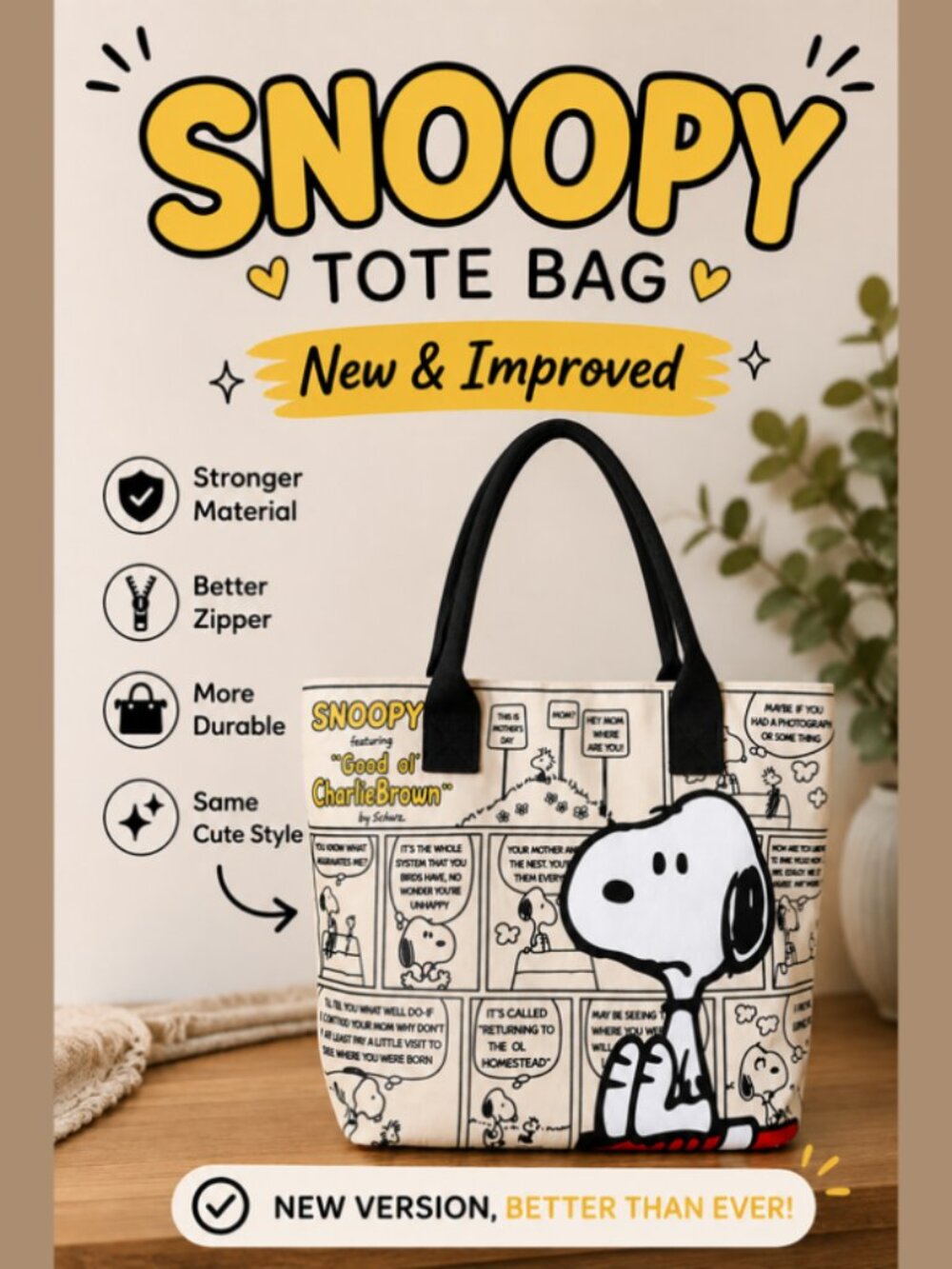 Snoopy New & Improved Canvas Tote Bag